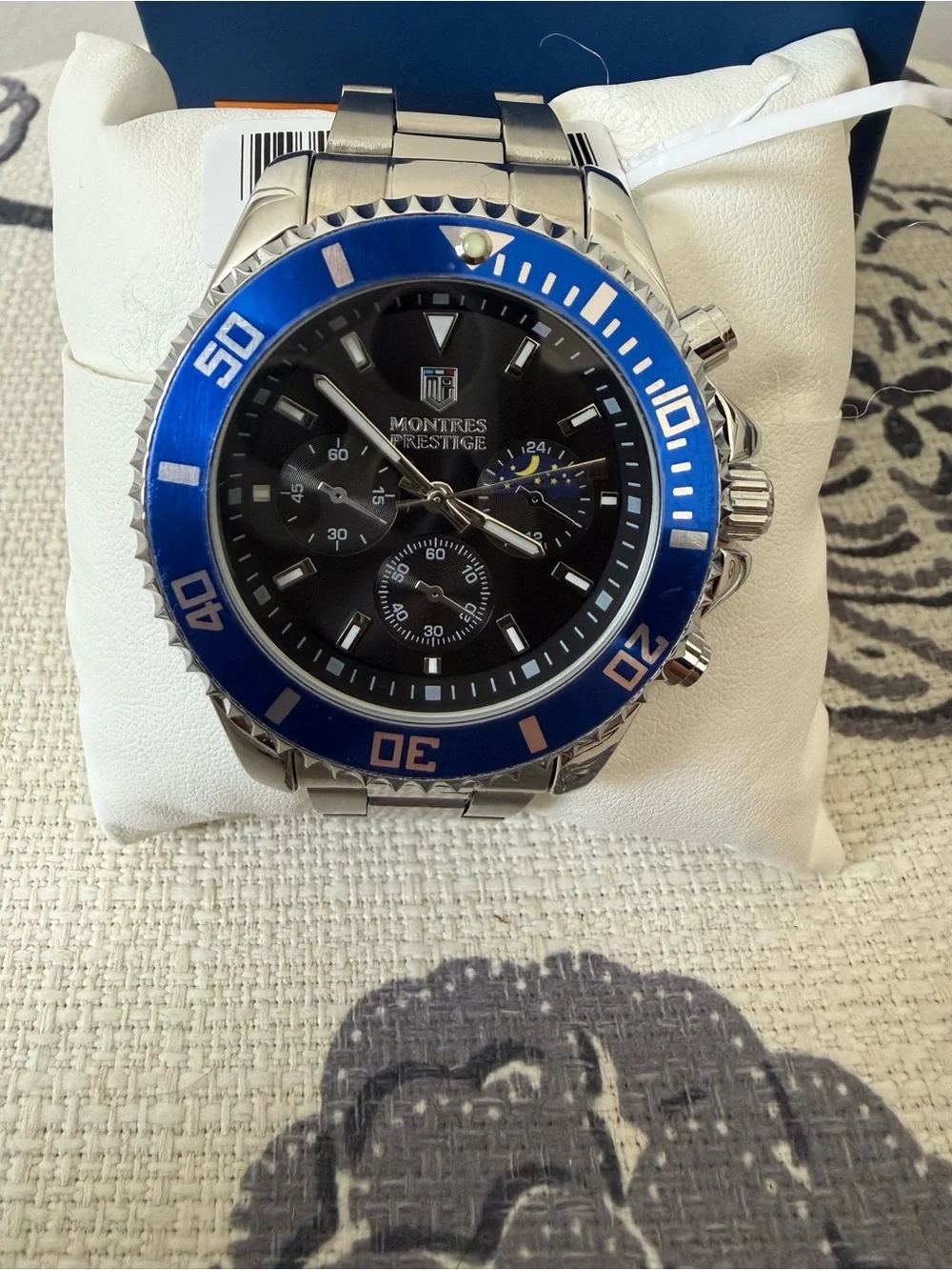 Montres Prestige Men’s Quartz Chronograph 24-Hr Black Dial Blue Bezel w/ Box